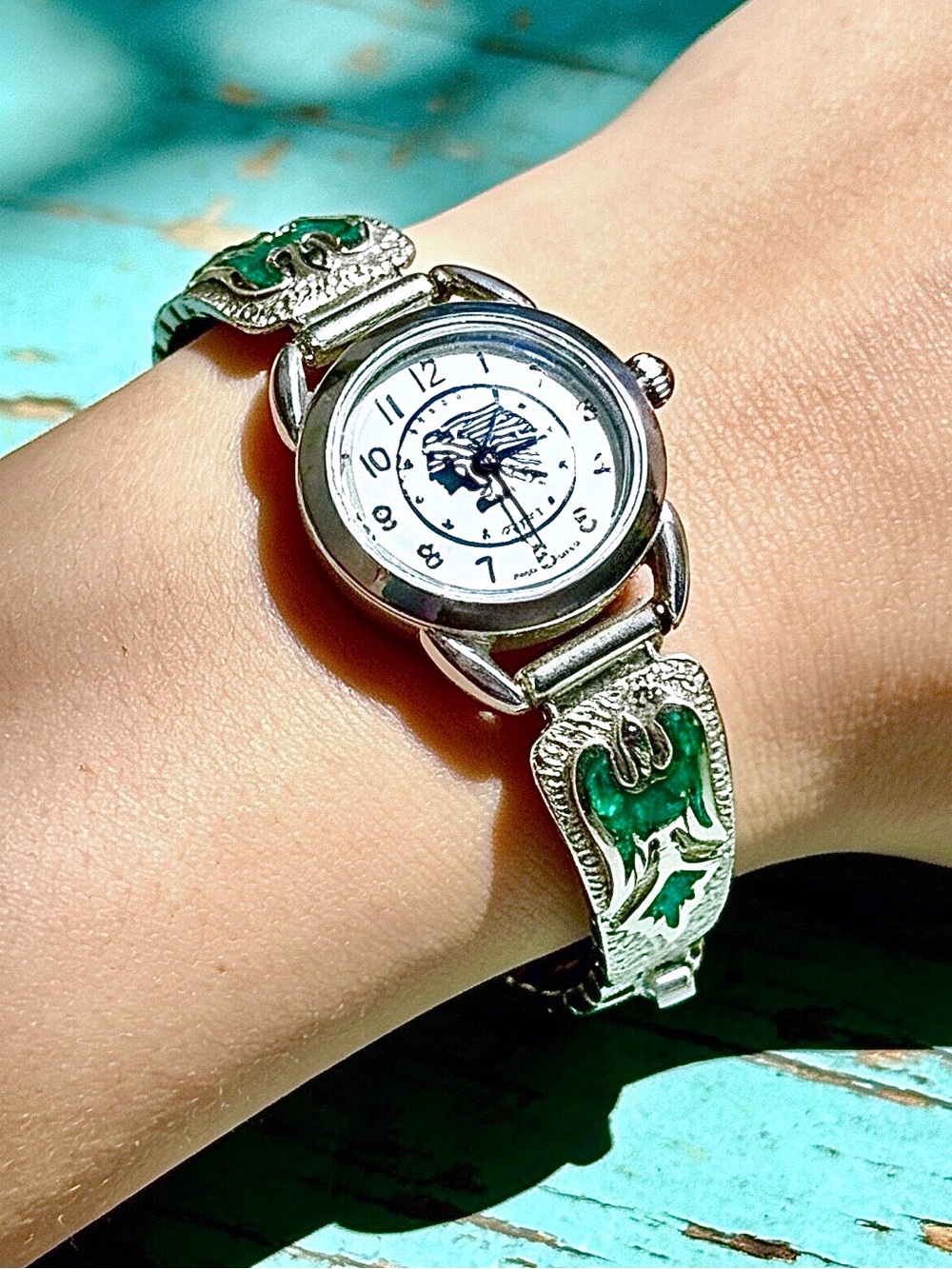 Silver Navajo Turquoise Inlay Thunderbird Tips, Silver Indian Liberty Coin Watch